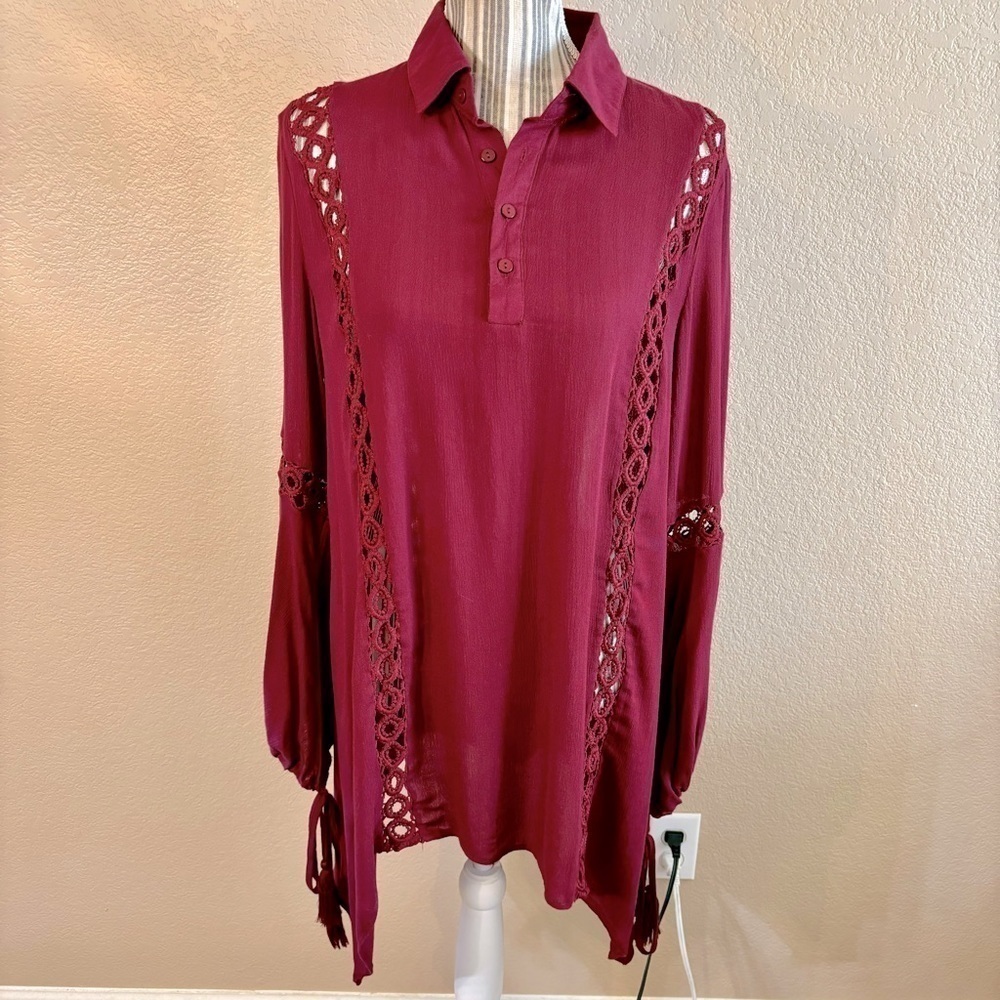 Ecru Lab Dress Small Long Sleeves Crochet Lace Detail Rayon Ties Tassels Boho